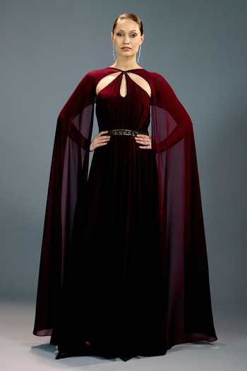 Buy_Bling Empire_Maroon Mesh Keyhole Neck Crimson Velvet Royal Cape Gown _at_Aza_Fashions