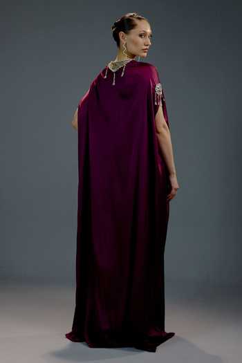 Shop_Bling Empire_Maroon Mesh Crystals V-neck Amethyst Embellished Kaftan Gown _at_Aza_Fashions