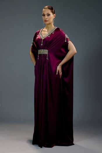 Bling Empire_Maroon Mesh Crystals V-neck Amethyst Embellished Kaftan Gown _Online_at_Aza_Fashions