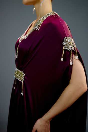 Buy_Bling Empire_Maroon Mesh Crystals V-neck Amethyst Embellished Kaftan Gown _Online_at_Aza_Fashions
