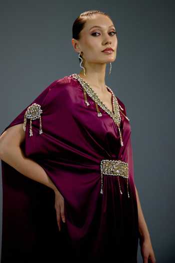 Shop_Bling Empire_Maroon Mesh Crystals V-neck Amethyst Embellished Kaftan Gown _Online_at_Aza_Fashions