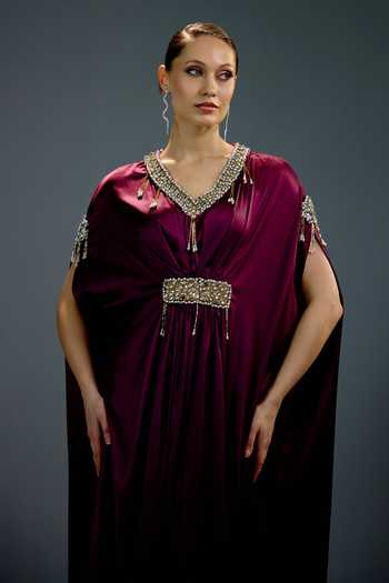 Bling Empire_Maroon Mesh Crystals V-neck Amethyst Embellished Kaftan Gown _at_Aza_Fashions