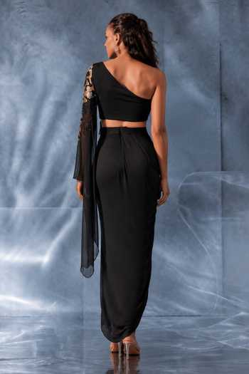Shop_Kalighata Pret_Black Organza, Silk One Shoulder Abby Embroidered Top And Skirt Set _at_Aza_Fashions