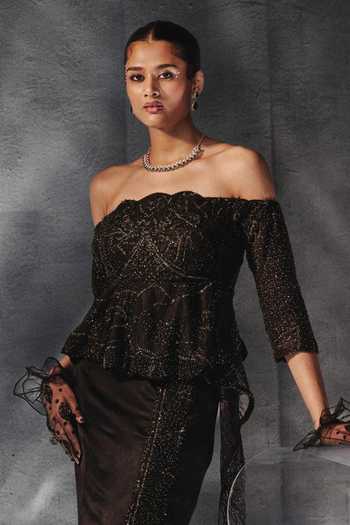 Shop_Kalighata Pret_Black Organza Off-shoulder Alice Off Embroidered Top And Skirt Set _at_Aza_Fashions