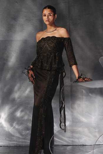 Buy_Kalighata Pret_Black Organza Off-shoulder Alice Off Embroidered Top And Skirt Set _at_Aza_Fashions
