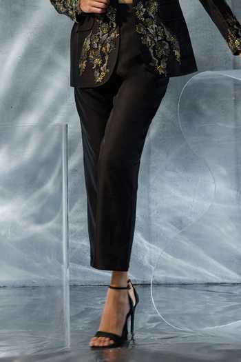 Kalighata Pret_Black Crepe Bandeau Neck Embellished Blazer Pant Set _Online_at_Aza_Fashions