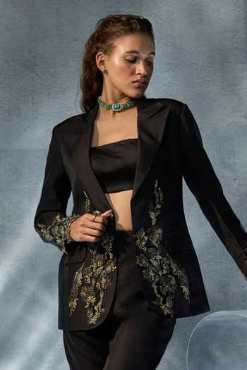 Shop_Kalighata Pret_Black Crepe Bandeau Neck Embellished Blazer Pant Set _at_Aza_Fashions