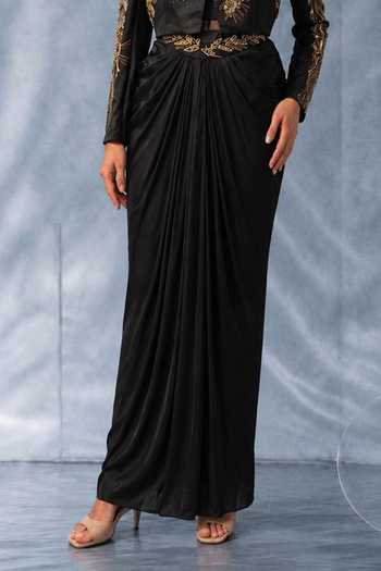 Kalighata Pret_Black Satin Bandeau , Collared Cropped Jacket And Skirt Set _Online_at_Aza_Fashions