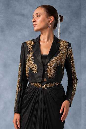 Shop_Kalighata Pret_Black Satin Bandeau , Collared Cropped Jacket And Skirt Set _at_Aza_Fashions