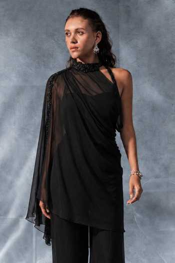 Kalighata Pret_Black Organza One Shoulder, Asymmetric Neck Draped Overlay Jacket Set _Online_at_Aza_Fashions