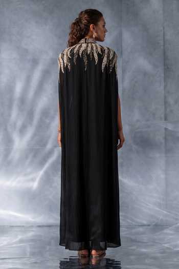 Shop_Kalighata Pret_Black Crepe Sequins High , Sweetheart Crushed Gown With Cape _at_Aza_Fashions