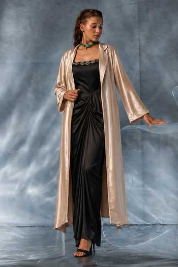 Buy_Kalighata Pret_Gold Satin Square Neck Ruched Maxi Dress With Jacket _at_Aza_Fashions