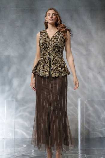 Buy_Kalighata Pret_Brown Net V-neck Embroidered Kurta And Sharara Set _at_Aza_Fashions