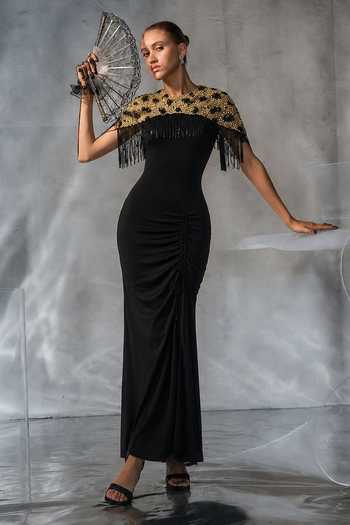 Buy_Kalighata Pret_Black Satin Round Neck Bead Embellished Ruched Dress _at_Aza_Fashions