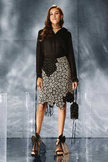 Buy_Kalighata Pret_Black Satin Collared Neck Embroidered Shirt And Skirt Set _at_Aza_Fashions
