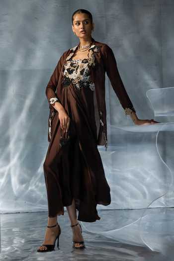 Buy_Kalighata Pret_Brown Organza, Satin Embroidery, Beads, Stones Square Neck Gown And Jacket Set _at_Aza_Fashions