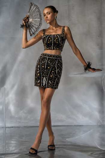 Buy_Kalighata Pret_Black Net Square Neck Embellished Top And Skirt Set _at_Aza_Fashions