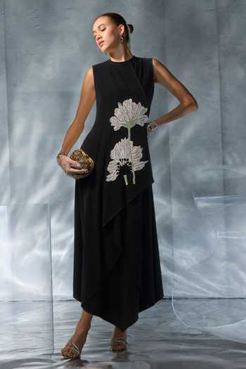 Buy_Kalighata Pret_Black Silk, Organza High Neck Floral Applique Work Dress _at_Aza_Fashions