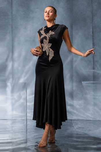 Buy_Kalighata Pret_Black Silk, Satin Cowl Neck Embellished Applique Dress _at_Aza_Fashions