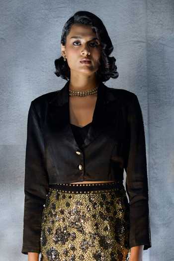 Shop_Kalighata Pret_Black Satin Bandeau Neck Embellished Skirt Set _at_Aza_Fashions