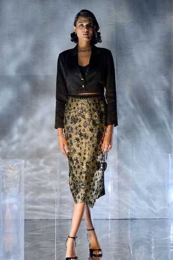 Buy_Kalighata Pret_Black Satin Bandeau Neck Embellished Skirt Set _at_Aza_Fashions