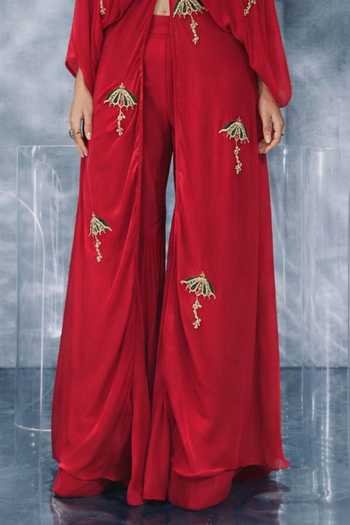 Kalighata Pret_Red V-neck Umbrella Embroidered Kaftan Set _Online_at_Aza_Fashions