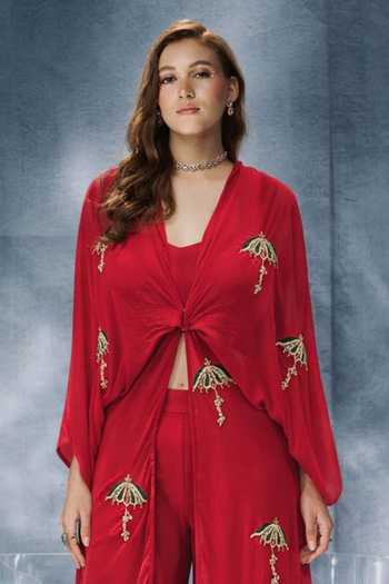 Shop_Kalighata Pret_Red V-neck Umbrella Embroidered Kaftan Set _at_Aza_Fashions