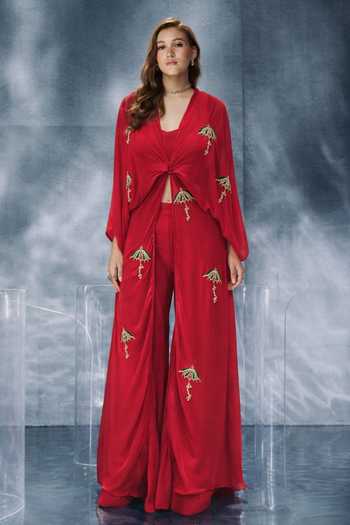Buy_Kalighata Pret_Red V-neck Umbrella Embroidered Kaftan Set _at_Aza_Fashions