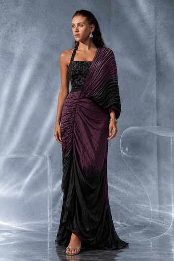 Buy_Kalighata Pret_Black Crepe, Satin Halter Neck Pre-draped Ruched Saree With Embroidered Blouse _at_Aza_Fashions
