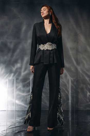 Buy_Kalighata Pret_Black Silk V-neck Cape Pant Set _at_Aza_Fashions