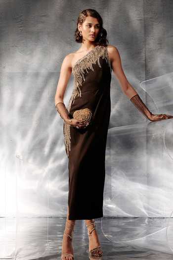 Buy_Kalighata Pret_Black Crepe One Shoulder Bead Embellished Dress _at_Aza_Fashions