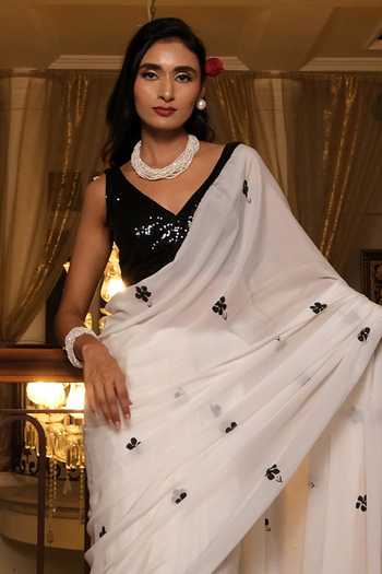 Shop_Meghstudio_White Crepe V-neck Chandni Embroidered Saree With Blouse _at_Aza_Fashions