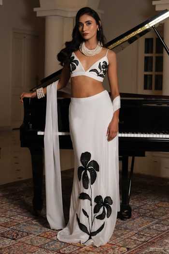 Buy_Meghstudio_White Crepe Beads, Crystals V-neck Laila Hand-painted Lehenga Set _at_Aza_Fashions