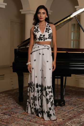 Buy_Meghstudio_White Crepe Sequins Halter Neck Nargis Hand Painted Pant Set _at_Aza_Fashions