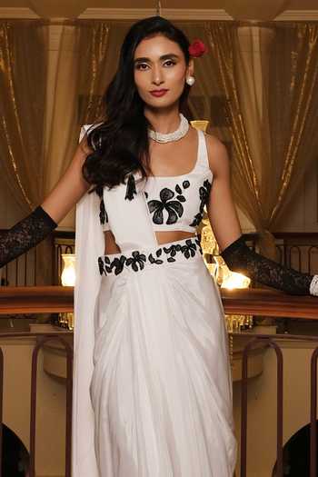Shop_Meghstudio_White Crepe Scoop Neck Noor Pre-draped Saree With Embroidered Blouse _at_Aza_Fashions