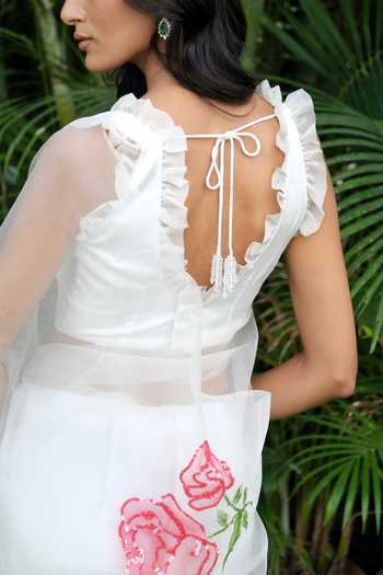 Meghstudio_White Organza Square Neck Rose Pure Saree And Blouse Set _Online_at_Aza_Fashions