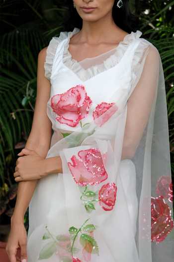 Buy_Meghstudio_White Organza Square Neck Rose Pure Saree And Blouse Set _Online_at_Aza_Fashions