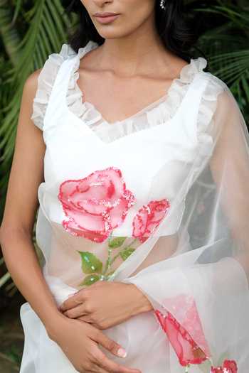 Shop_Meghstudio_White Organza Square Neck Rose Pure Saree And Blouse Set _Online_at_Aza_Fashions