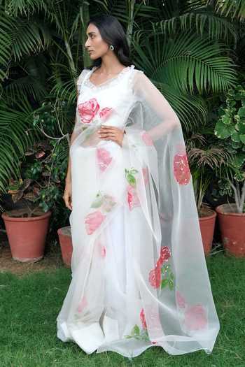 Shop_Meghstudio_White Organza Square Neck Rose Pure Saree And Blouse Set 
