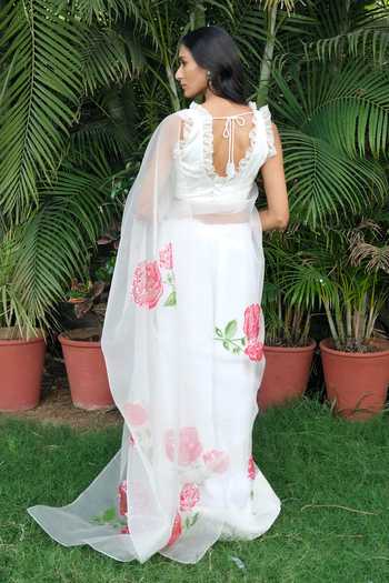 Shop_Meghstudio_White Organza Square Neck Rose Pure Saree And Blouse Set _at_Aza_Fashions