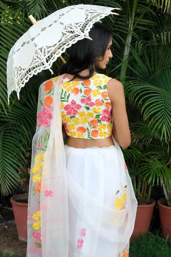 Shop_Meghstudio_White Organza V-neck Ruhi Hand-painted Saree And Blouse Set _at_Aza_Fashions