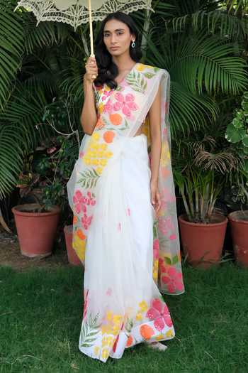 Shop_Meghstudio_White Organza V-neck Ruhi Hand-painted Saree And Blouse Set _Online_at_Aza_Fashions
