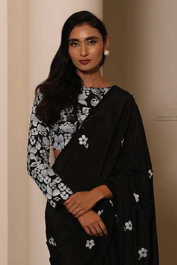 Shop_Meghstudio_Black Crepe Round Neck Rumi Hand-painted Floral Saree And Blouse Set _at_Aza_Fashions