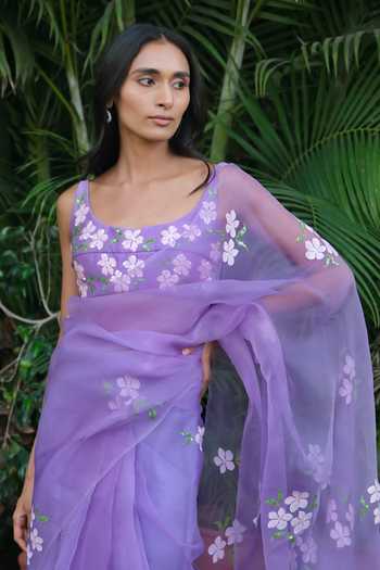 Meghstudio_Purple Organza Scoop Neck Seher Floral Hand-painted Saree And Blouse Set _Online_at_Aza_Fashions