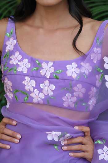 Buy_Meghstudio_Purple Organza Scoop Neck Seher Floral Hand-painted Saree And Blouse Set _Online_at_Aza_Fashions