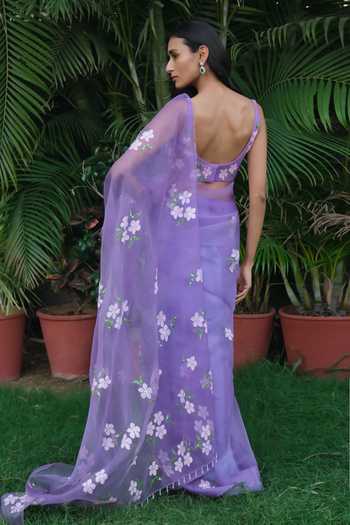 Shop_Meghstudio_Purple Organza Scoop Neck Seher Floral Hand-painted Saree And Blouse Set _at_Aza_Fashions