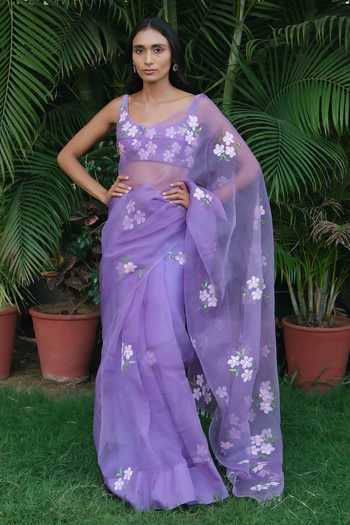 Shop_Meghstudio_Purple Organza Scoop Neck Seher Floral Hand-painted Saree And Blouse Set _Online_at_Aza_Fashions