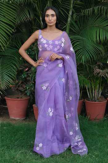 Meghstudio_Purple Organza Scoop Neck Seher Floral Hand-painted Saree And Blouse Set _at_Aza_Fashions