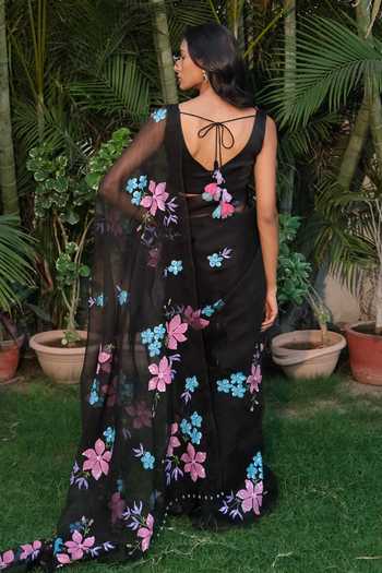 Shop_Meghstudio_Black Organza V-neck Serena Pure Saree With Blouse _at_Aza_Fashions