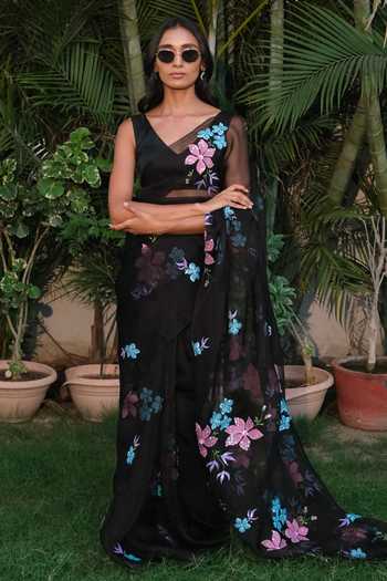 Meghstudio_Black Organza V-neck Serena Pure Saree With Blouse _at_Aza_Fashions